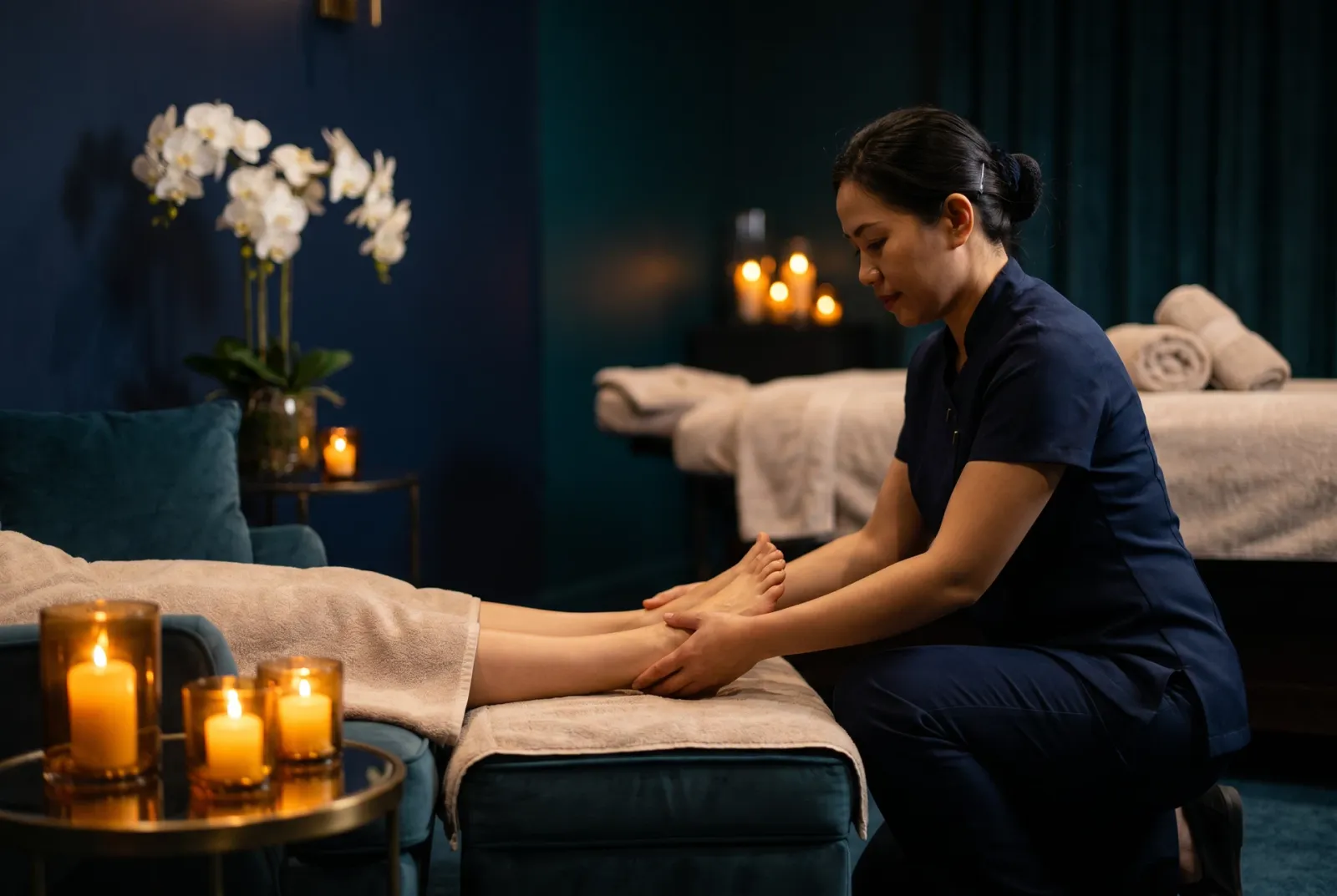 Foot reflexology in a candlelit room