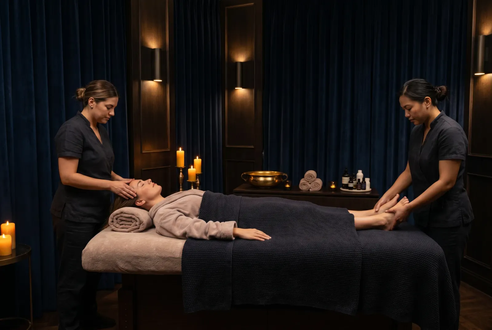 Two therapists treating head and feet